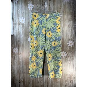 Talbots Womens Pants 12 Yellow High Waist Tropical‎ Floral Straight Leg Stretch